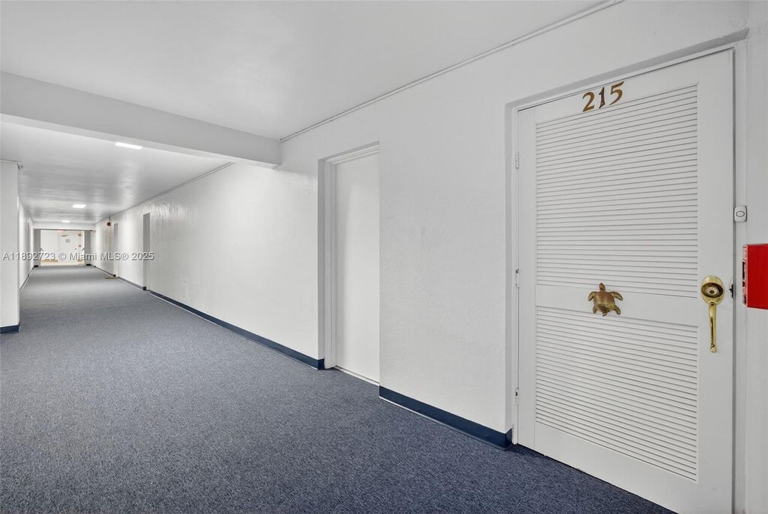 Freshly painted and carpeted hallway - unit 215 is in a quiet location at end of hall - but also next to the stairs