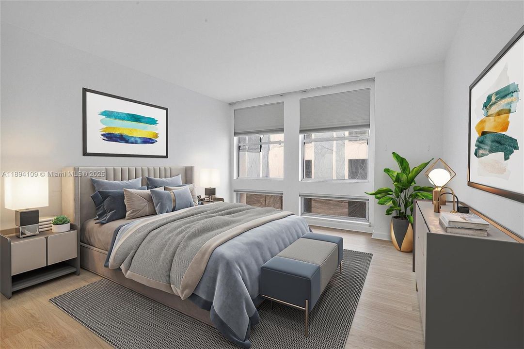 Virtually staged primary bedroom helps you visualize the space