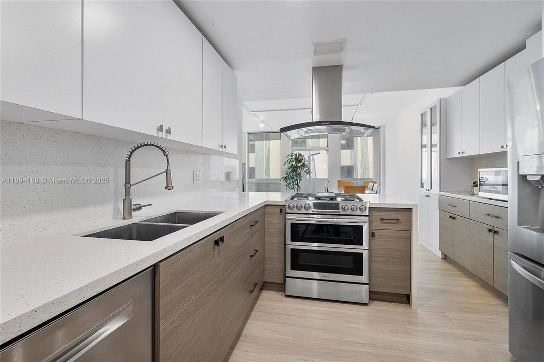Interior kitchen view shows dishwasher, detailed gas range and hood
