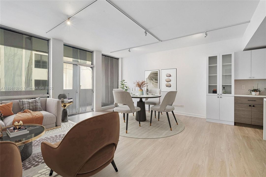 Virtually staged living room dining room area additional cabinet serves as a transition piece between kitchen and entertaining area