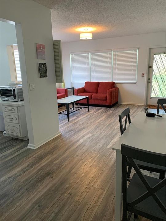 Kitchen, Living and Dining areas.