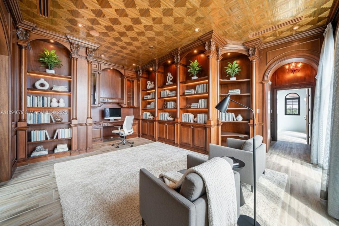 wood-paneled library/home office overlooking the bay (virtually staged)
