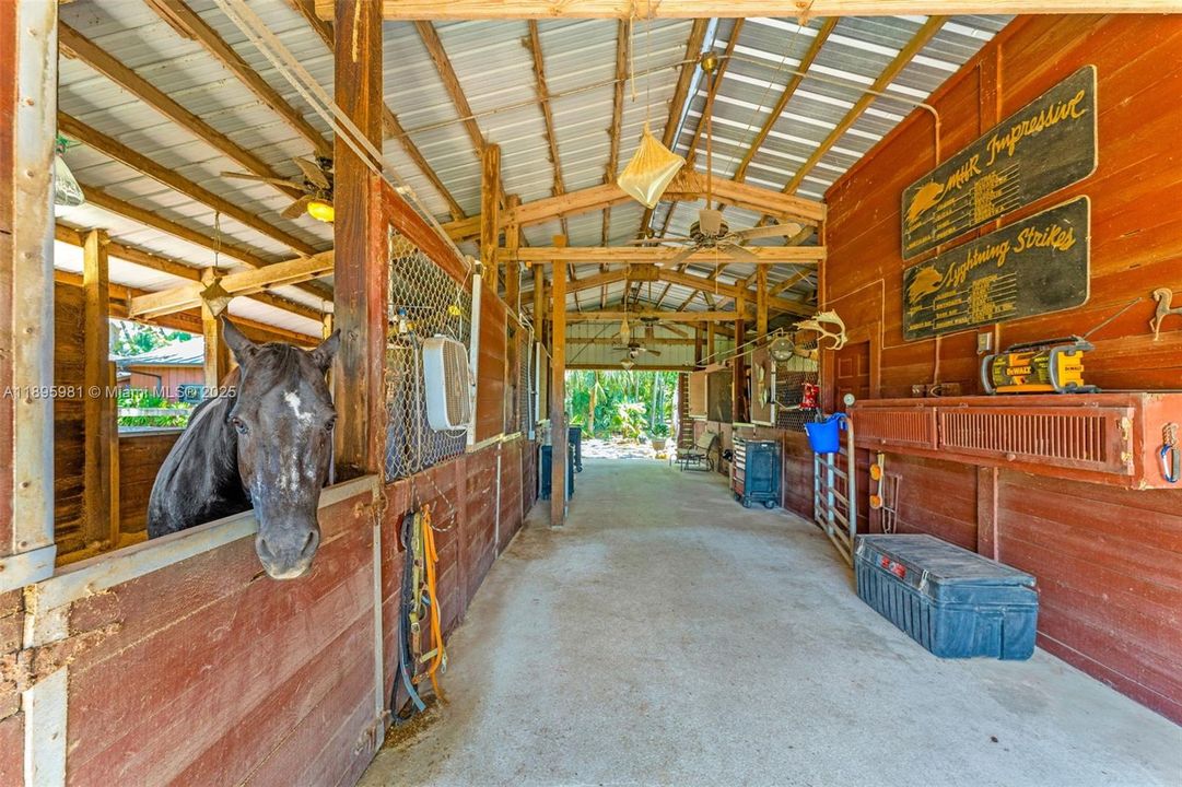 Tack, feed, groom qtrs. currently used as storage, set up for 6 large stalls. another 3 are in 2nd stable.. Center aisle is dBl strapped, the end doors slide closed. shut it down and get ready for storm!