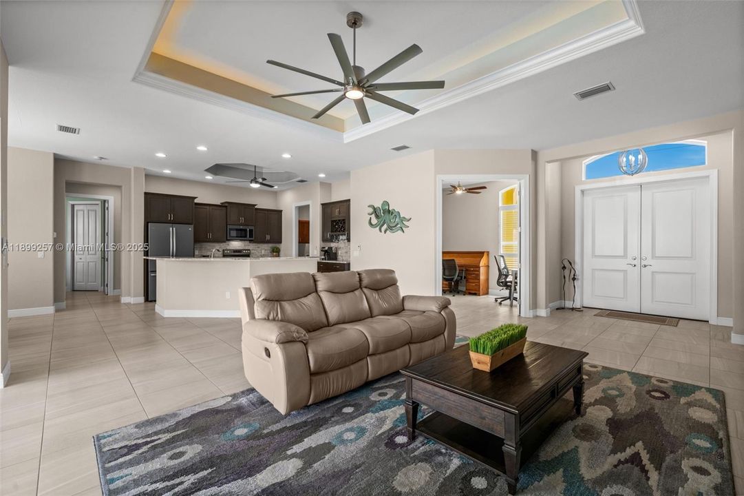 Tray ceiling in the open living room