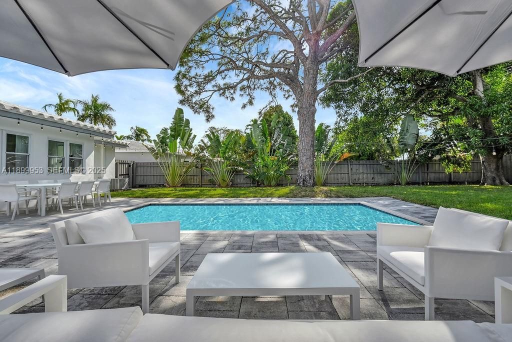 Another look at the sparkling pool and covered patio — perfect balance between relaxation and entertainment space.