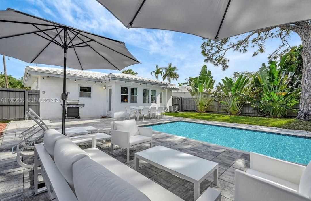 Stunning resort-style pool area featuring a covered lounge, lush landscaping, and ultimate privacy — perfect for entertaining or relaxing under the Florida sun.
