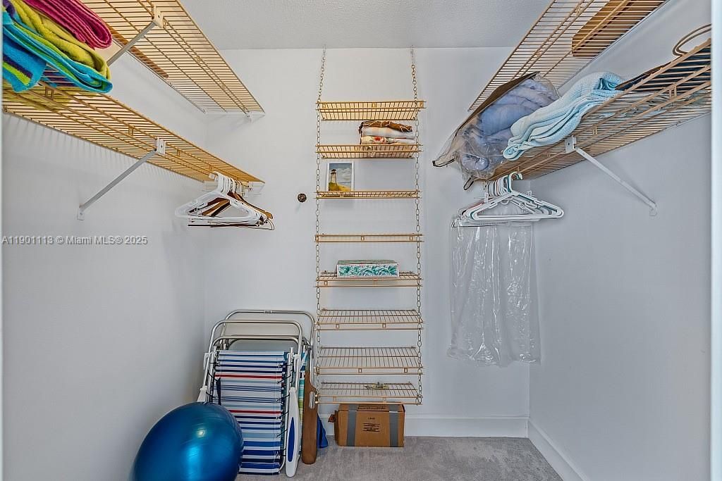 Walk in closet is one of several storage options in the condo.