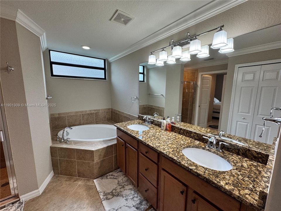 Soaking tub, double vanity sinks & walk-in shower