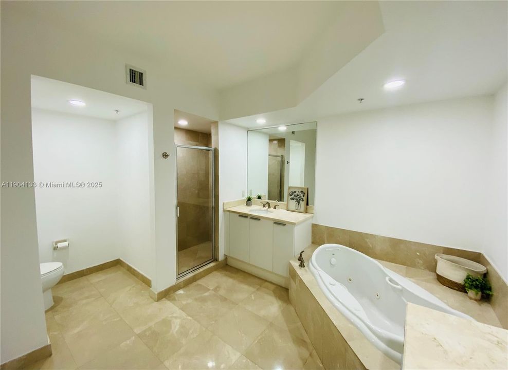 Master bathroom features dual sinks, jacuzzi tub and shower