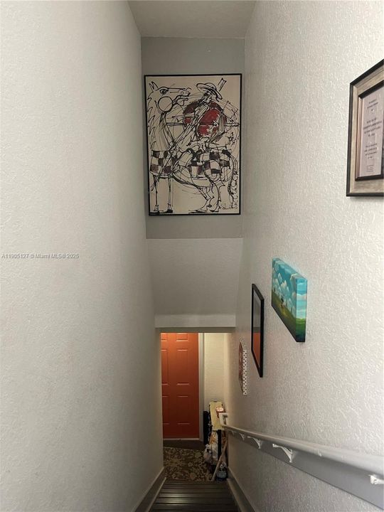 stairs going down to the entrance and garage