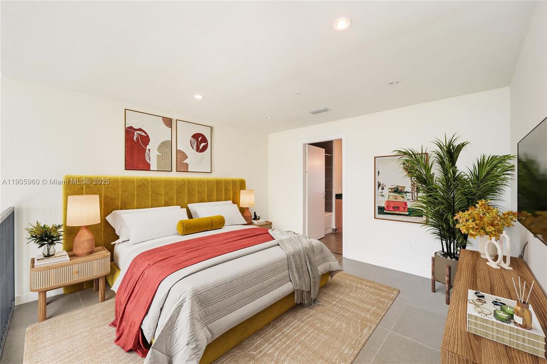 Virtually staged bedroom with a more colorful palette