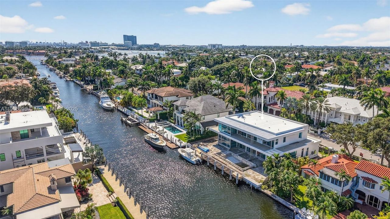 Actual photo as of Oct 31, 2025. View showing proximity to the Intracoastal (at the end of the canal), leading to Port Everglades / Ocean. Building in horizon is the new $1B Convention Center.