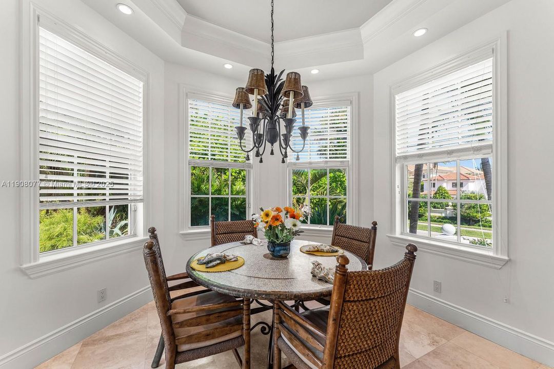 Breakfast room with bay windows overlooks pool