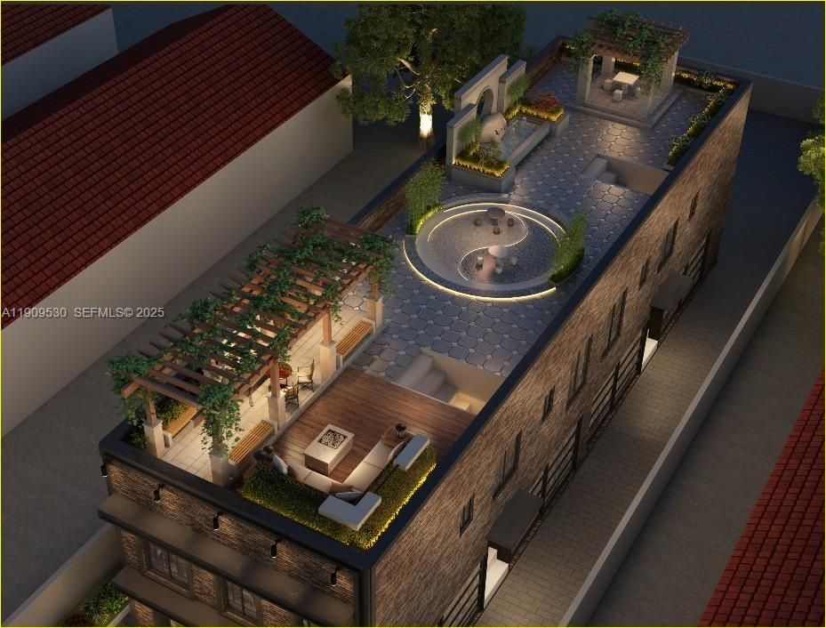 rendering of a 4 unit building with a rooftop deck and parking on the first floor.