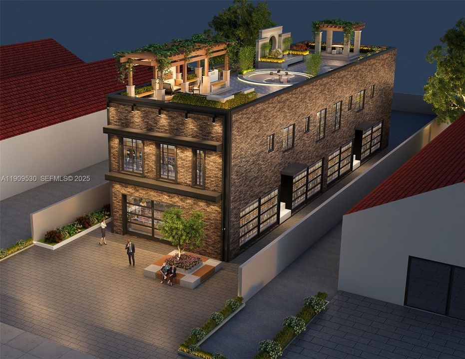 rendering of a 4 unit building with a rooftop. The lot is zoned for four living units.