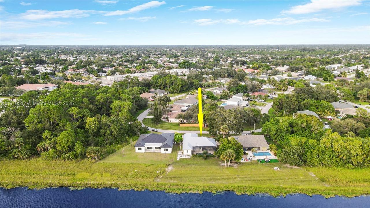 Aerial view from across canal