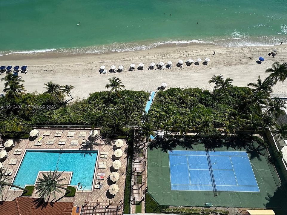 View of unit in red outline from the beach