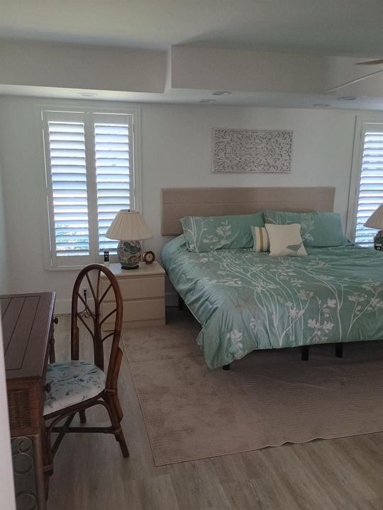 Large primary bedroom with ceiling fan