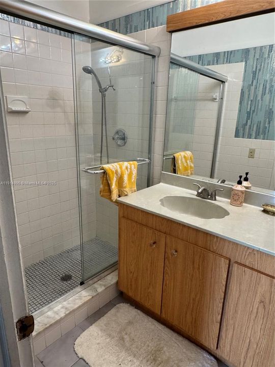 Primary Bathroom, shower with vanity. toilet and linen closet to the side.