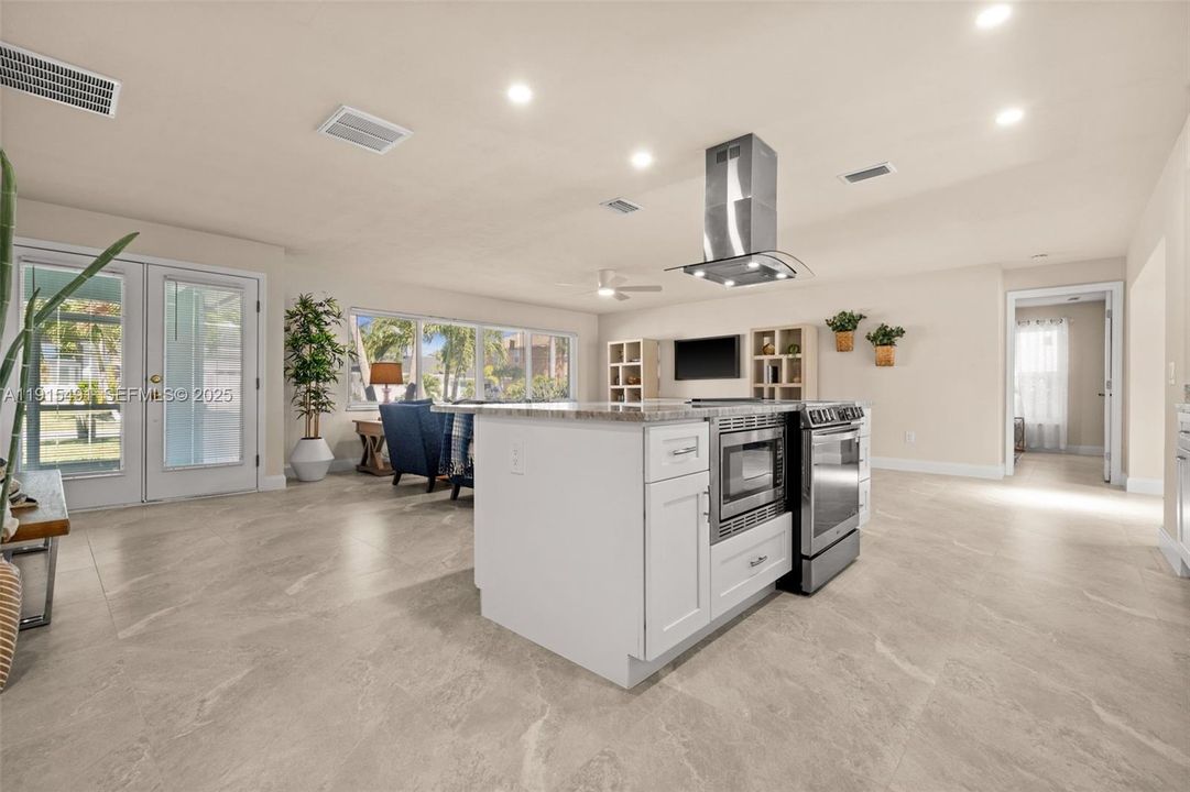 Kitchen, front door and living room