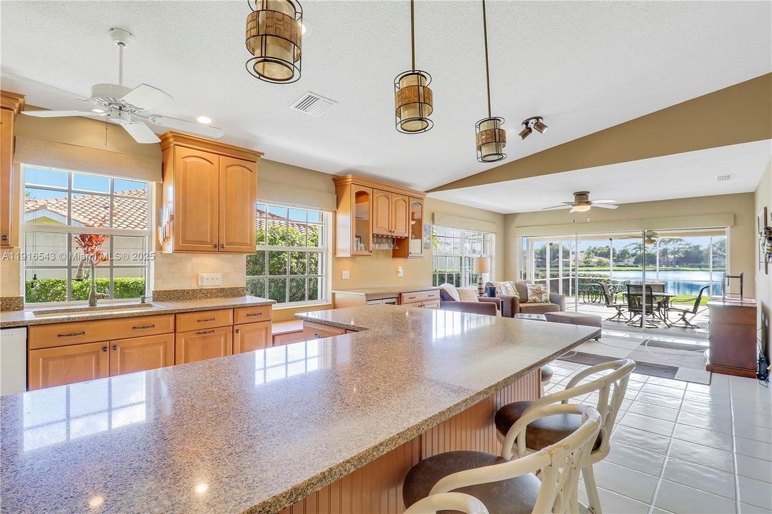 Kitchen island view to dining and family rooms
