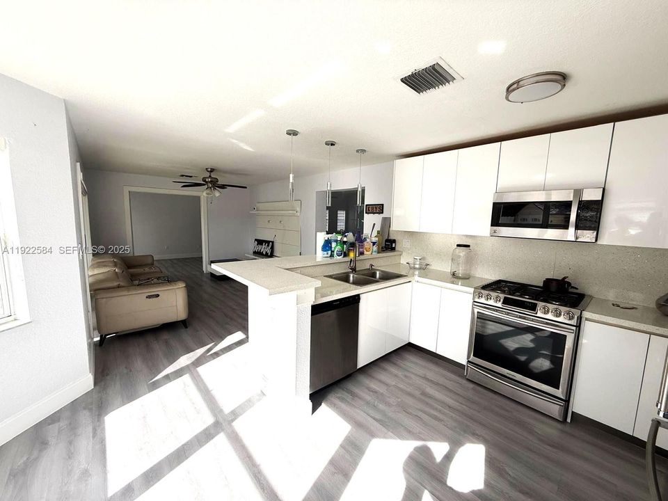 REMODELED KITCHEN WITH ACRYLIC CABINETS AND GRANITE COUNTERTOPS