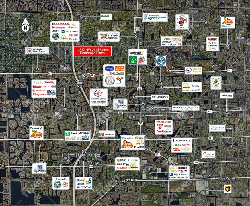 Aerial Map showing some groceries, shopping, dining and schools