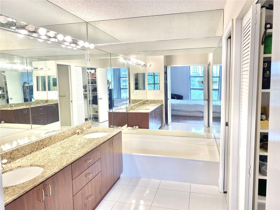 double sink countertop and separate bathtub