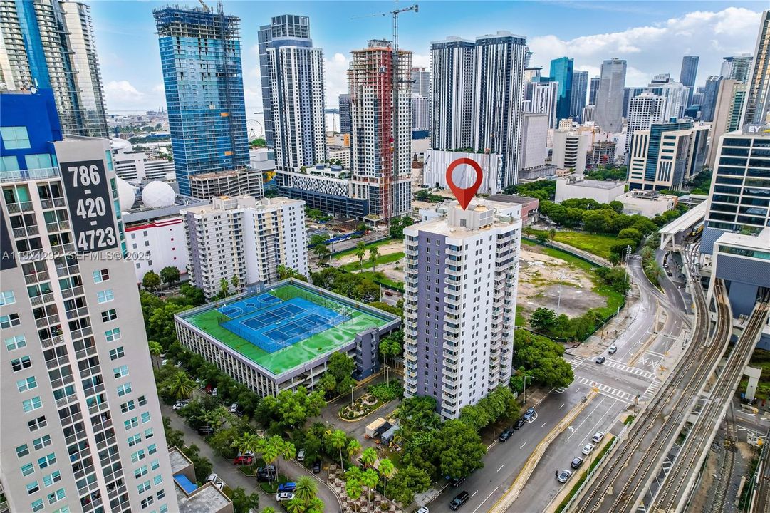 aerial view of the building and some amenities