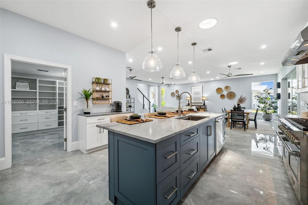 Kitchen Island and coffee bar, adjacent to the walk-in pantry