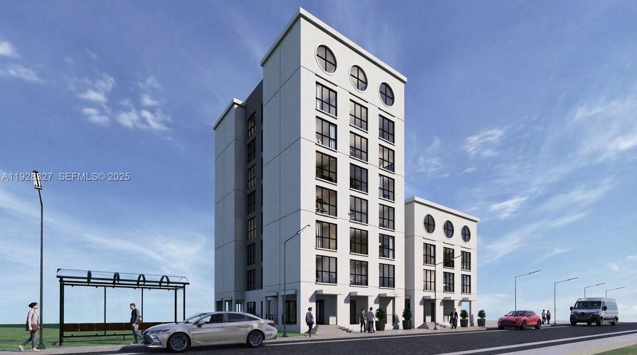 Rendering of proposed 9-story 49 unit development offered with rendering of neighbor's proposed separate 4-story development