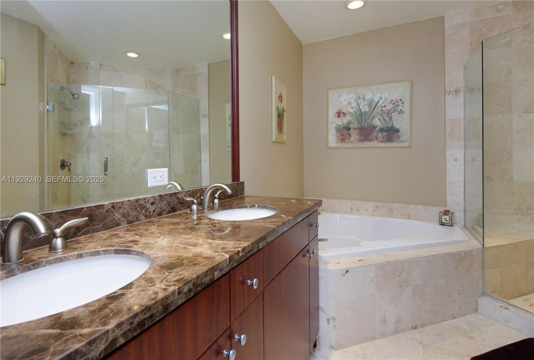 Luxury tub, separate shower and double sinks in the master bathroom