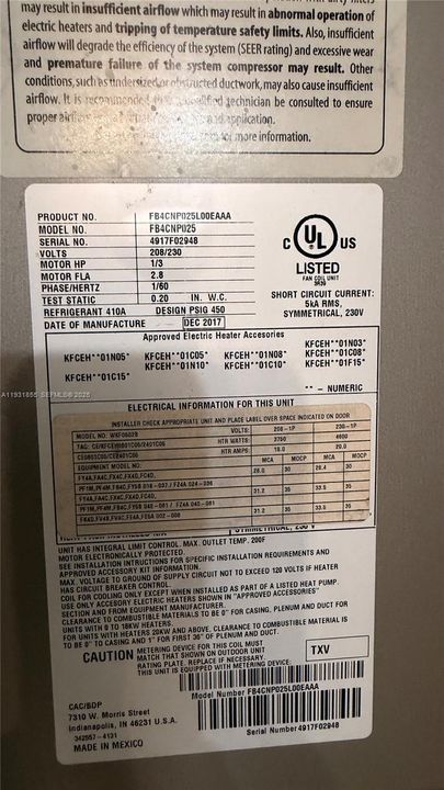 A/C unit information