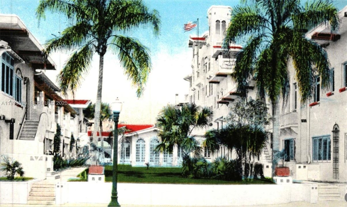 Overlooking the original Mira Mar courtyard, where generations once gathered and will gather again to relax, socialize, and enjoy Sarasota's timeless charm. Photo circa 1922.