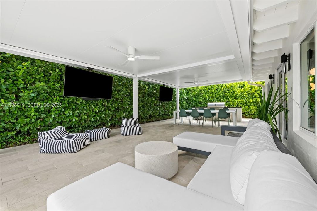 Covered lounge area completes summer kitchen vibes for year round entertaining.