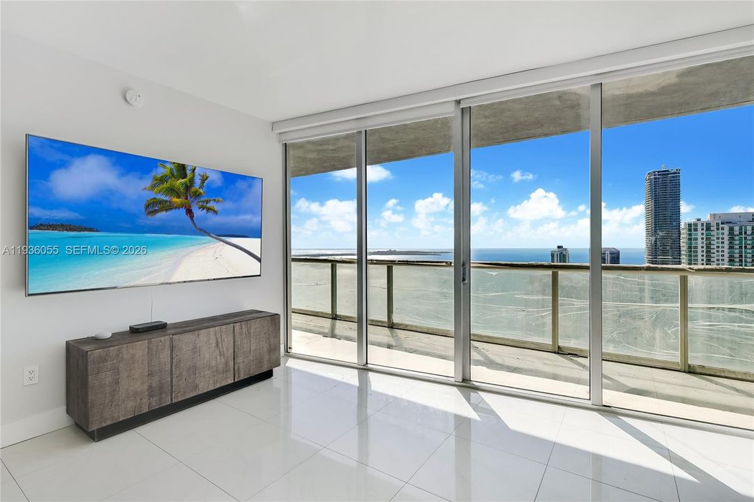 Glass railings have protective film due to construction work.