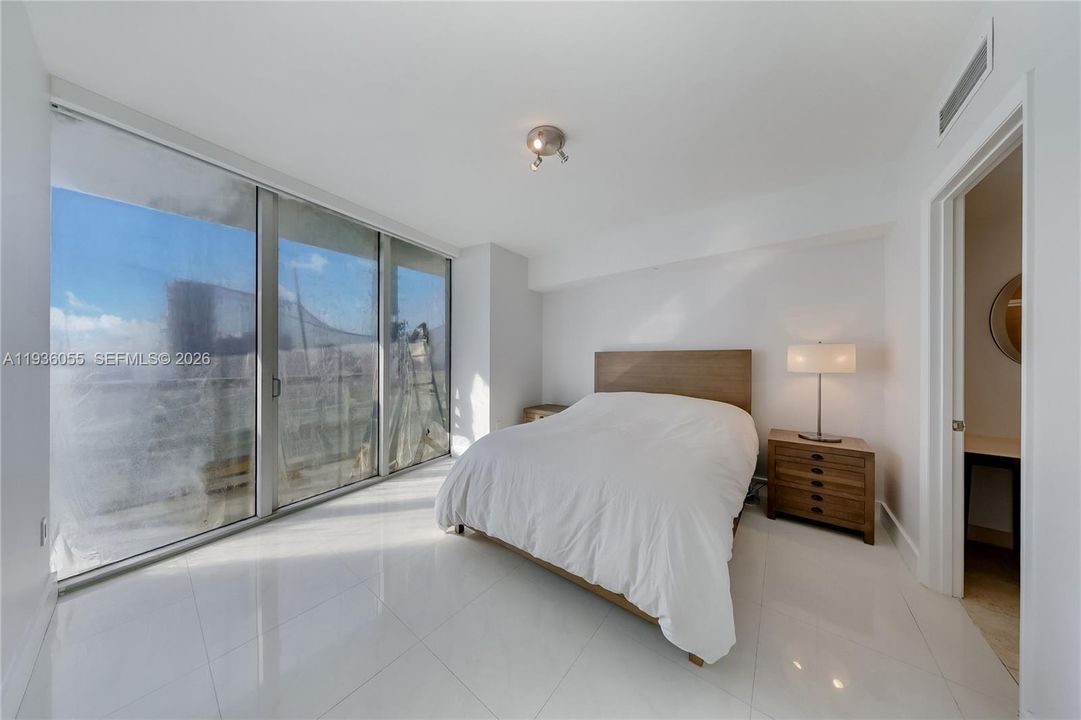 Windows have protective film due to construction work.