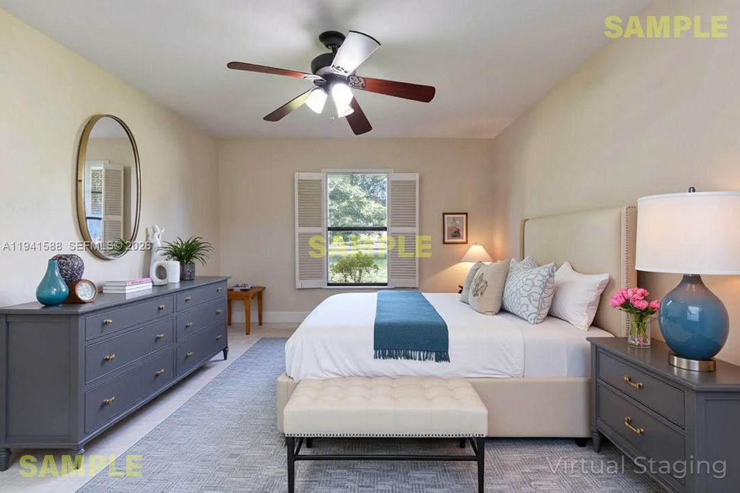Staged Master corner bedroom has 2 windows