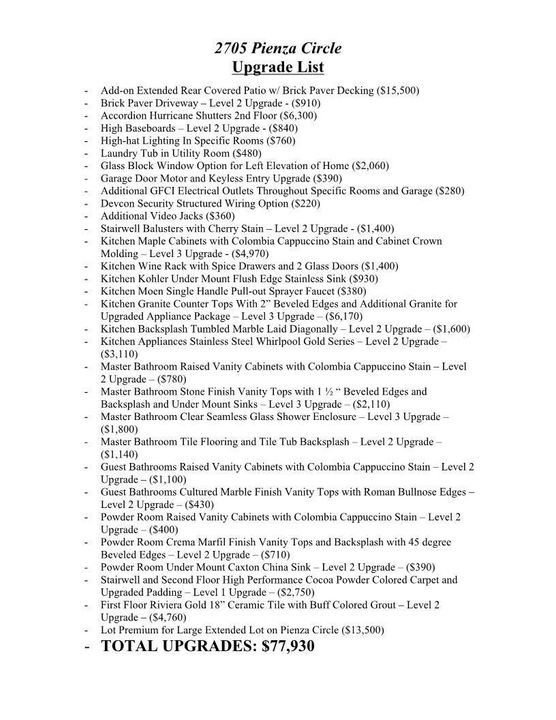 2705 Pienza Circle Upgrade List_1