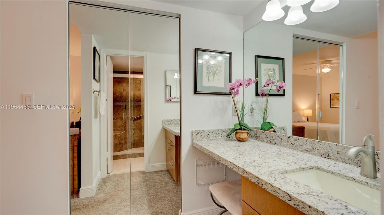 Primary bathroom vanity area with full mirror, granite countertops, modern cabinetry and fixtures, with walk in closet with full mirror doors