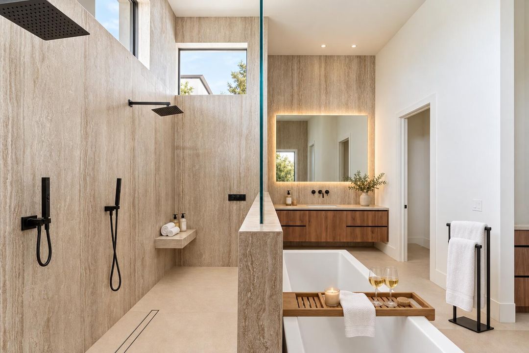 Luxury spa bathroom with wine and greene