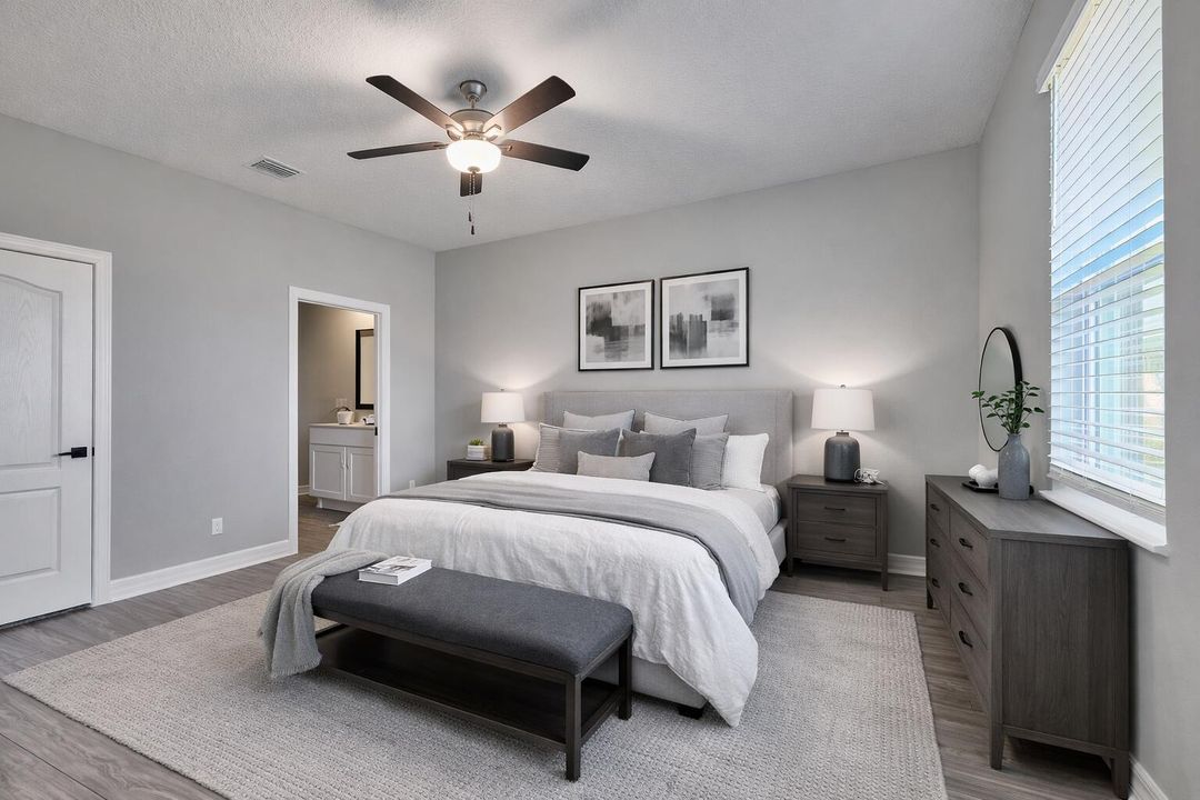 Serene gray-toned master bedroom setup