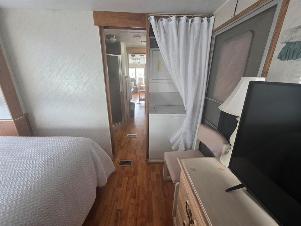 stackable tucked into a niche in bedroom