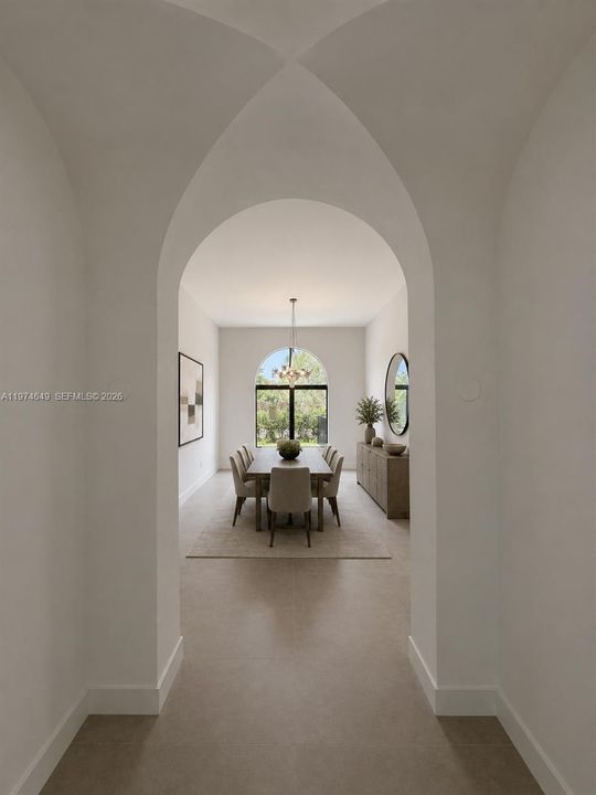 Art passage way from great room to dining room. AI Staged.