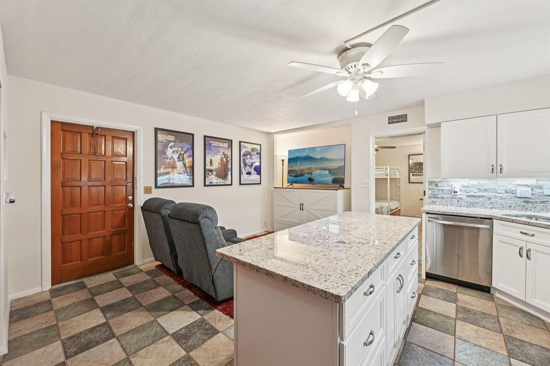 Kitchen & island with living view