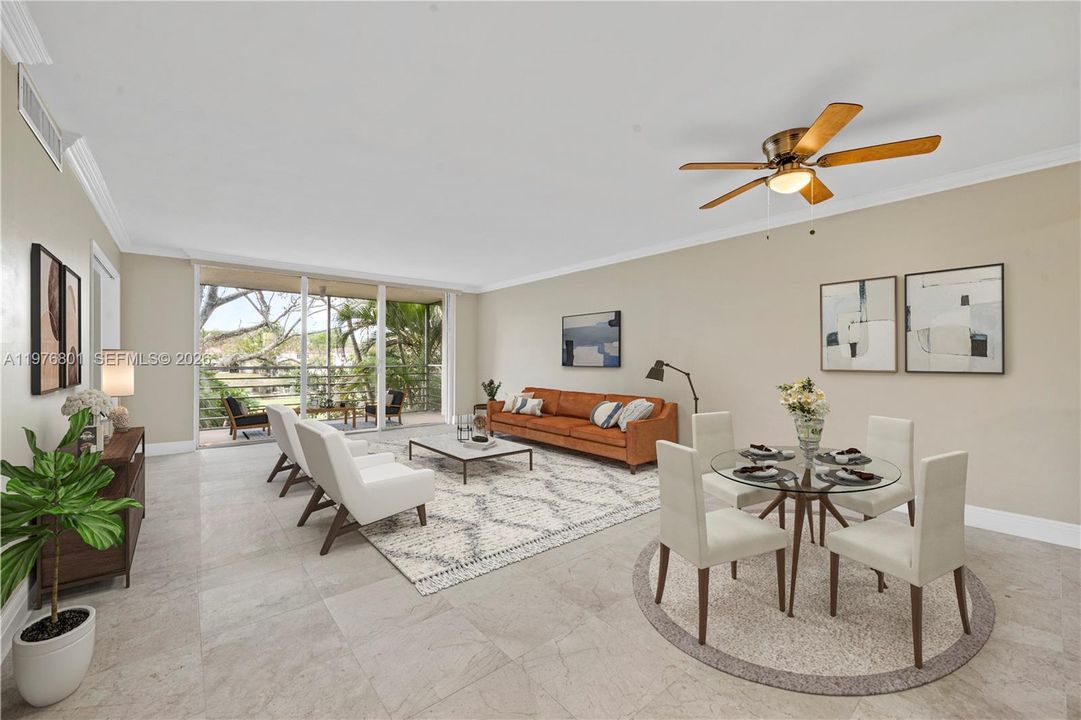Virtually staged livingroom and diningroom