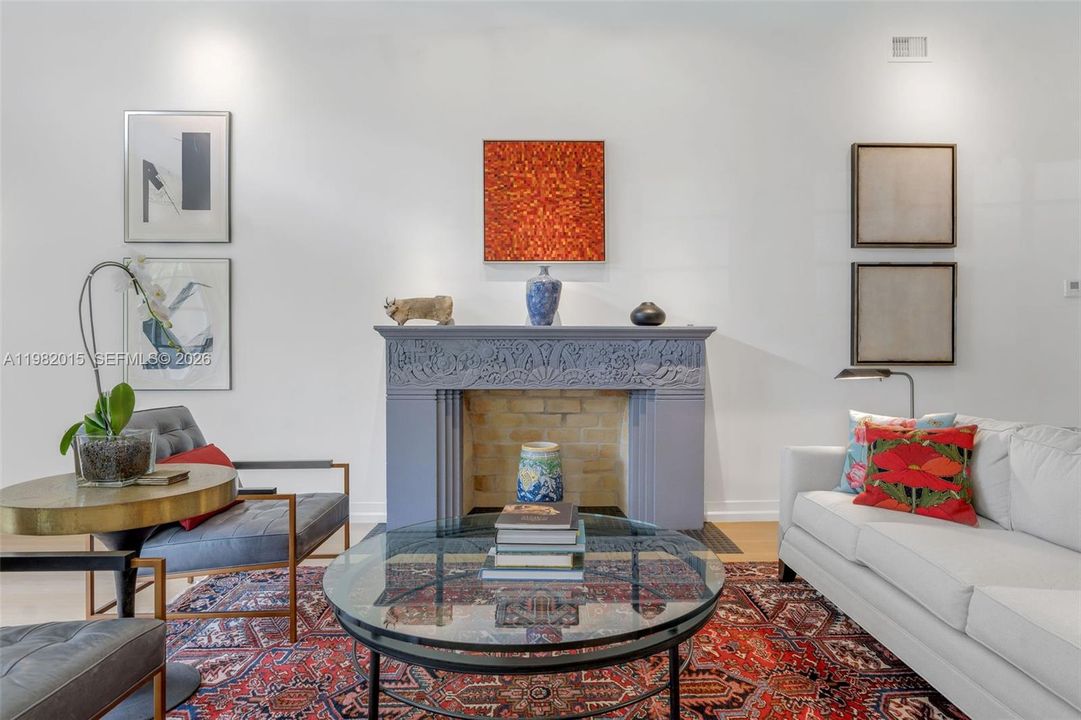 Living room with gorgeous fireplace.