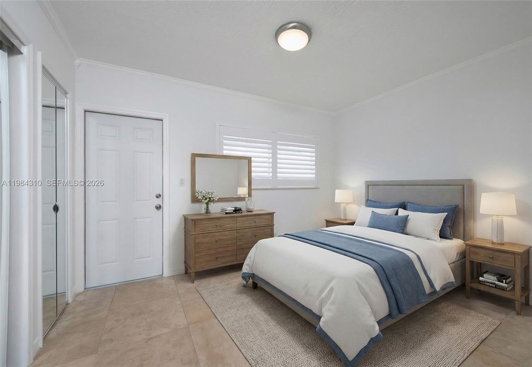 Virtually furnished master bedroom. This description highlights the room's primary function and features, suggesting it is a well-equipped and comfortable space.