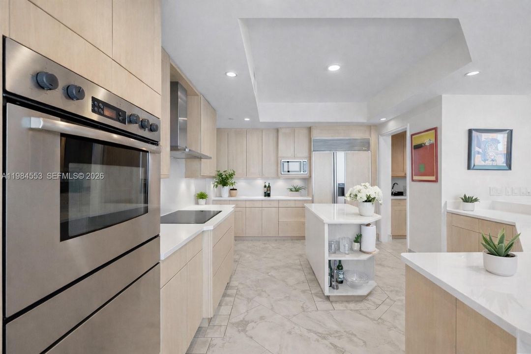 The kitchen front has been virtually updated to illustrate a refreshed look without a major renovations