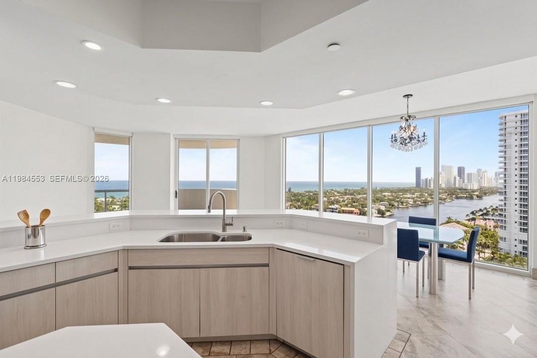 The kitchen front has been virtually updated to illustrate a refreshed look without a major renovations